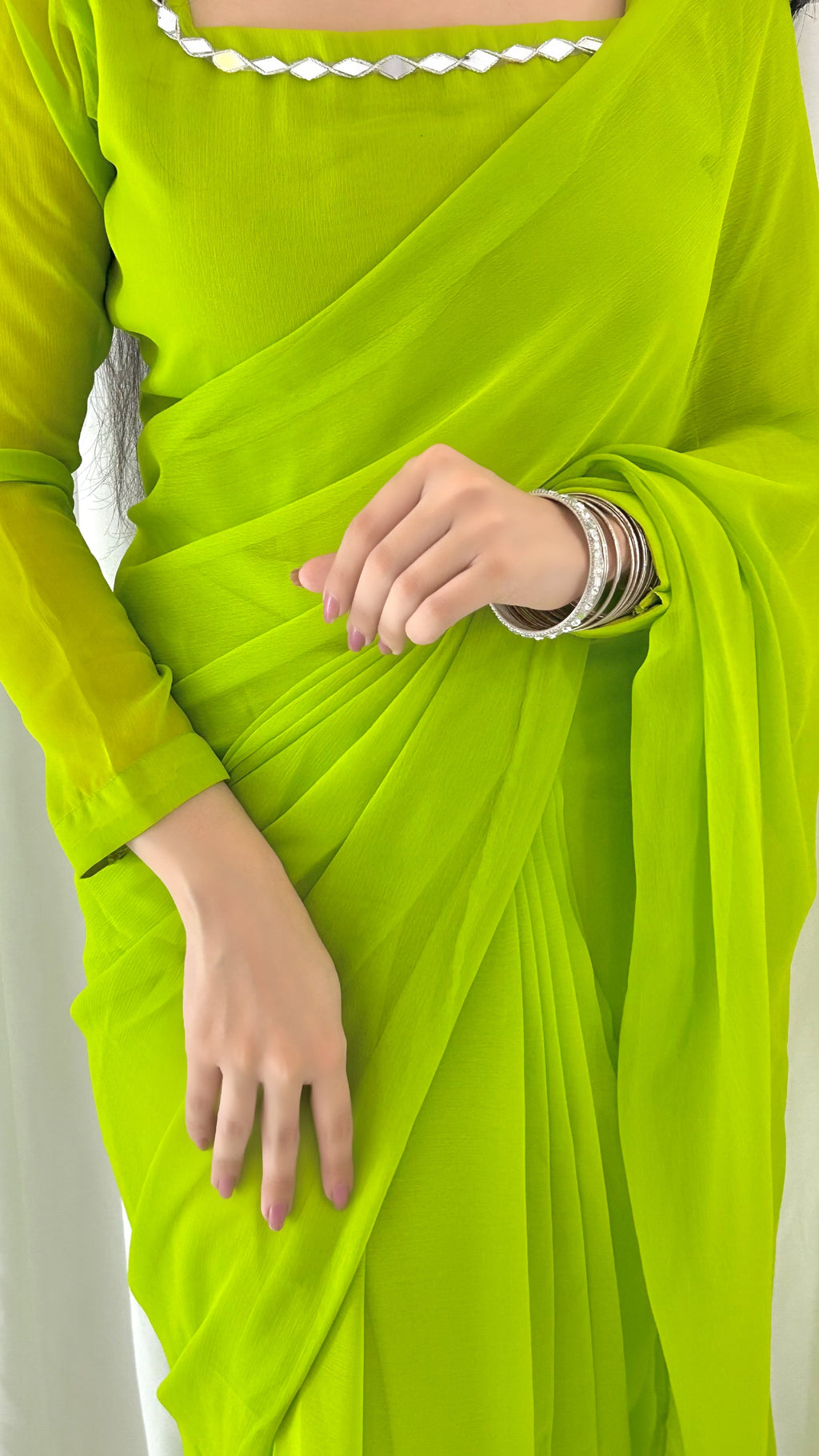Shama-e-Husn Chiffon Saree Parrot Green Stitched
