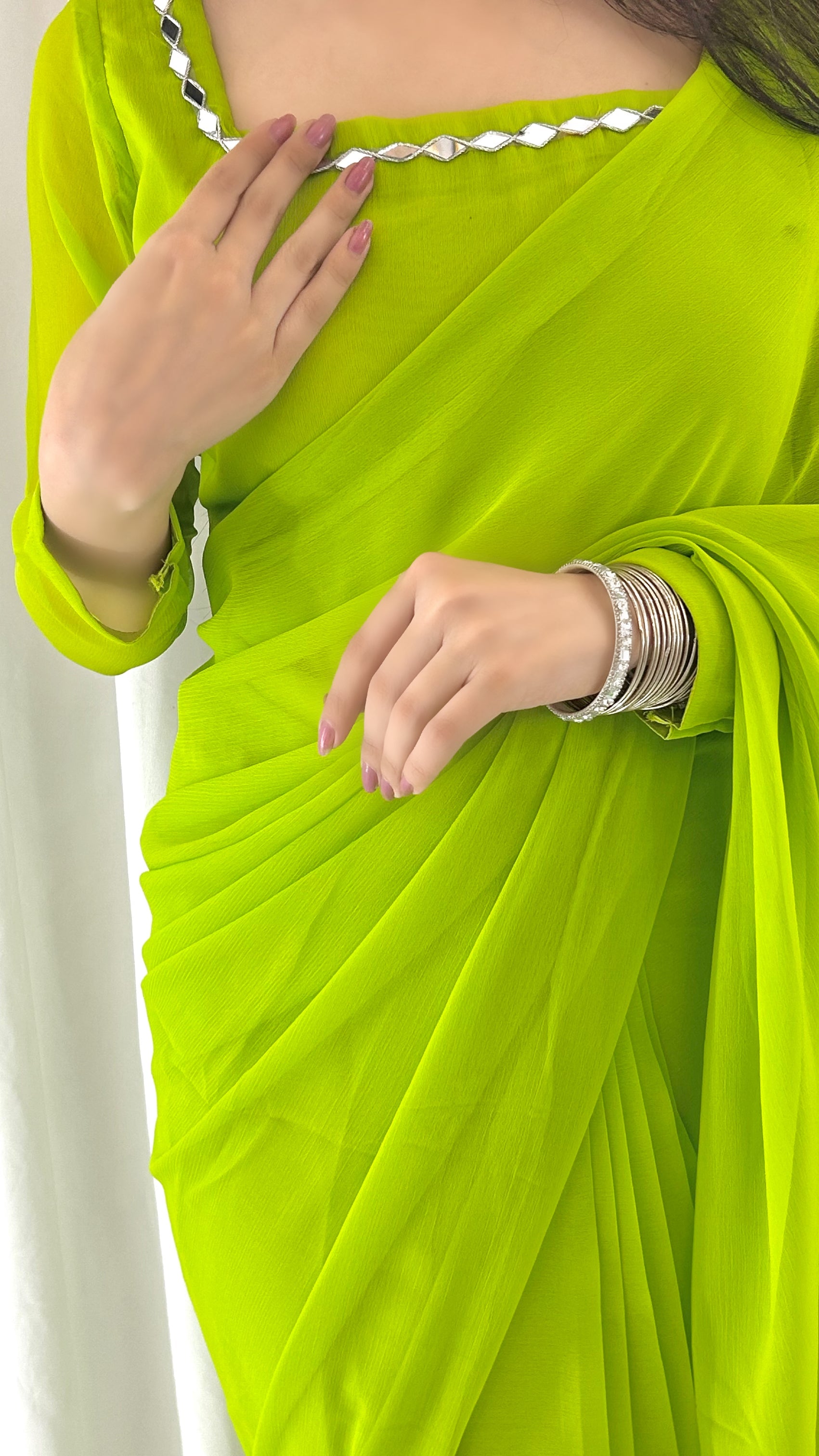 Shama-e-Husn Chiffon Saree Parrot Green Stitched