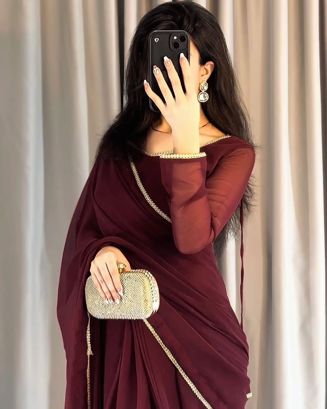 Lace Work Chiffon Saree Stitched