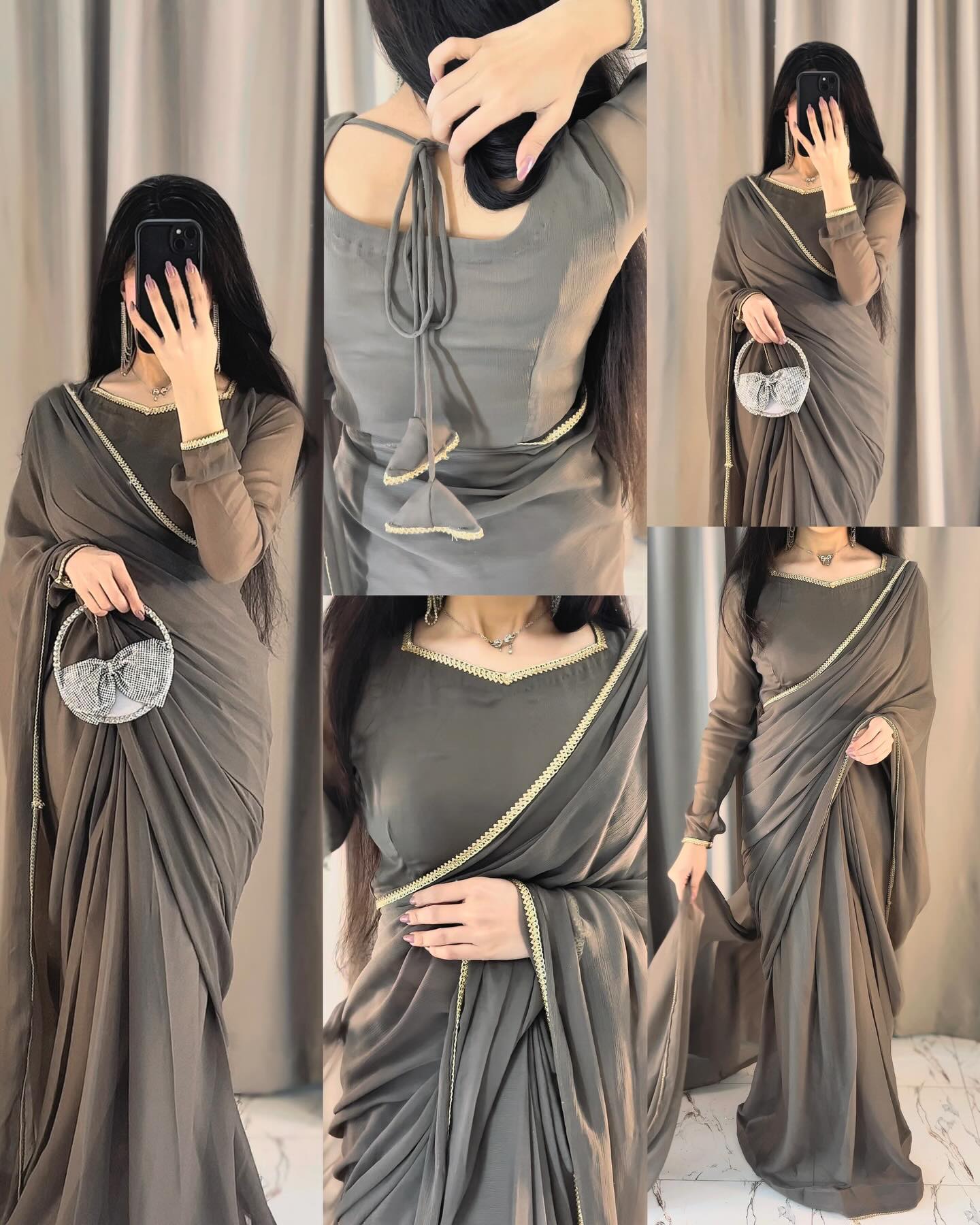 Lace Work Chiffon Saree Stitched