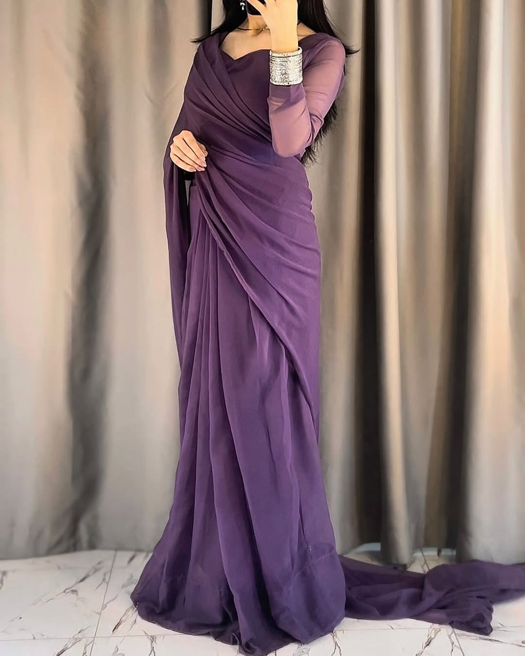 Plain Heart Shaped Neck Grace Signature Chiffon Saree (Stitched) SKU.C10