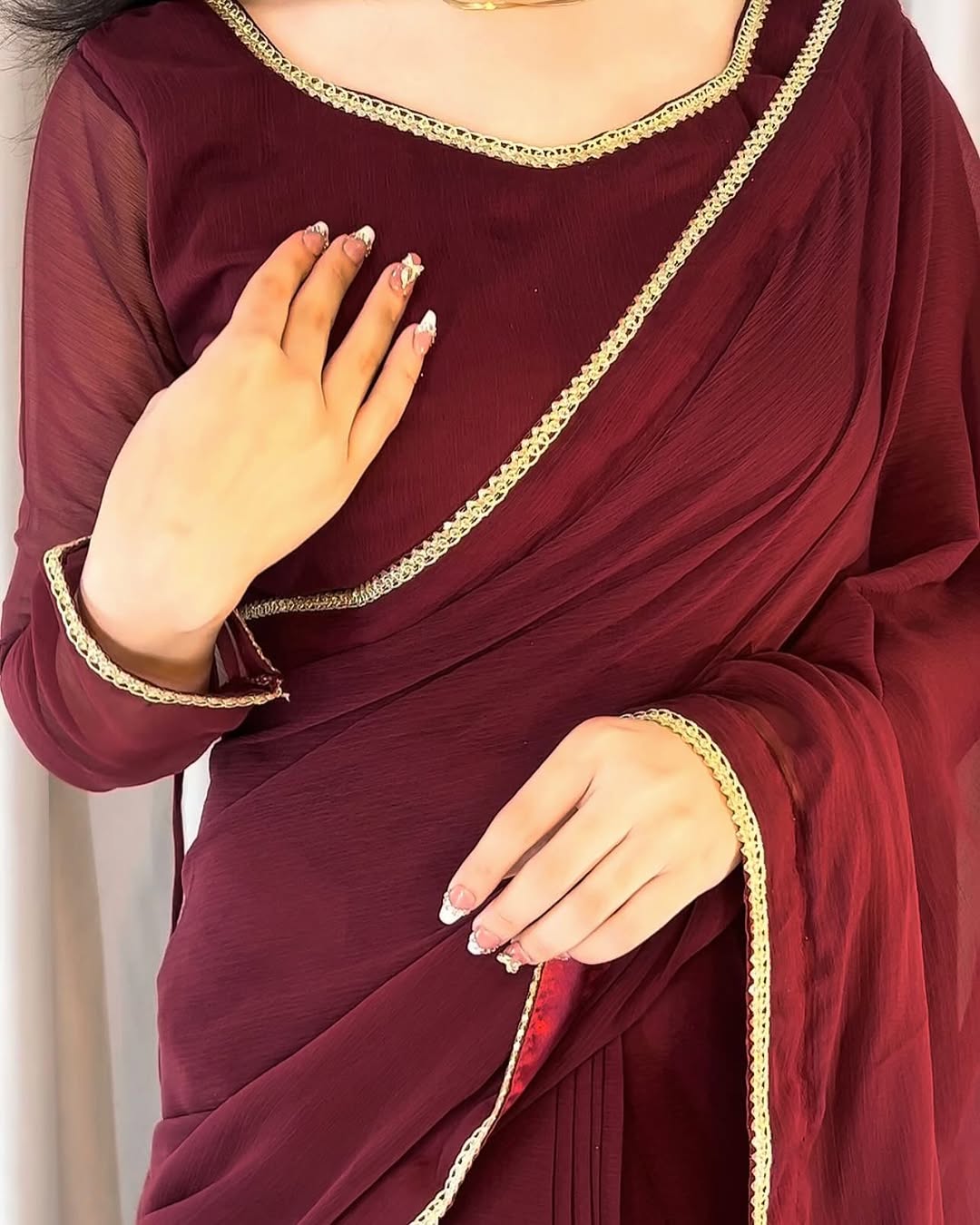Lace Work Chiffon Saree Stitched