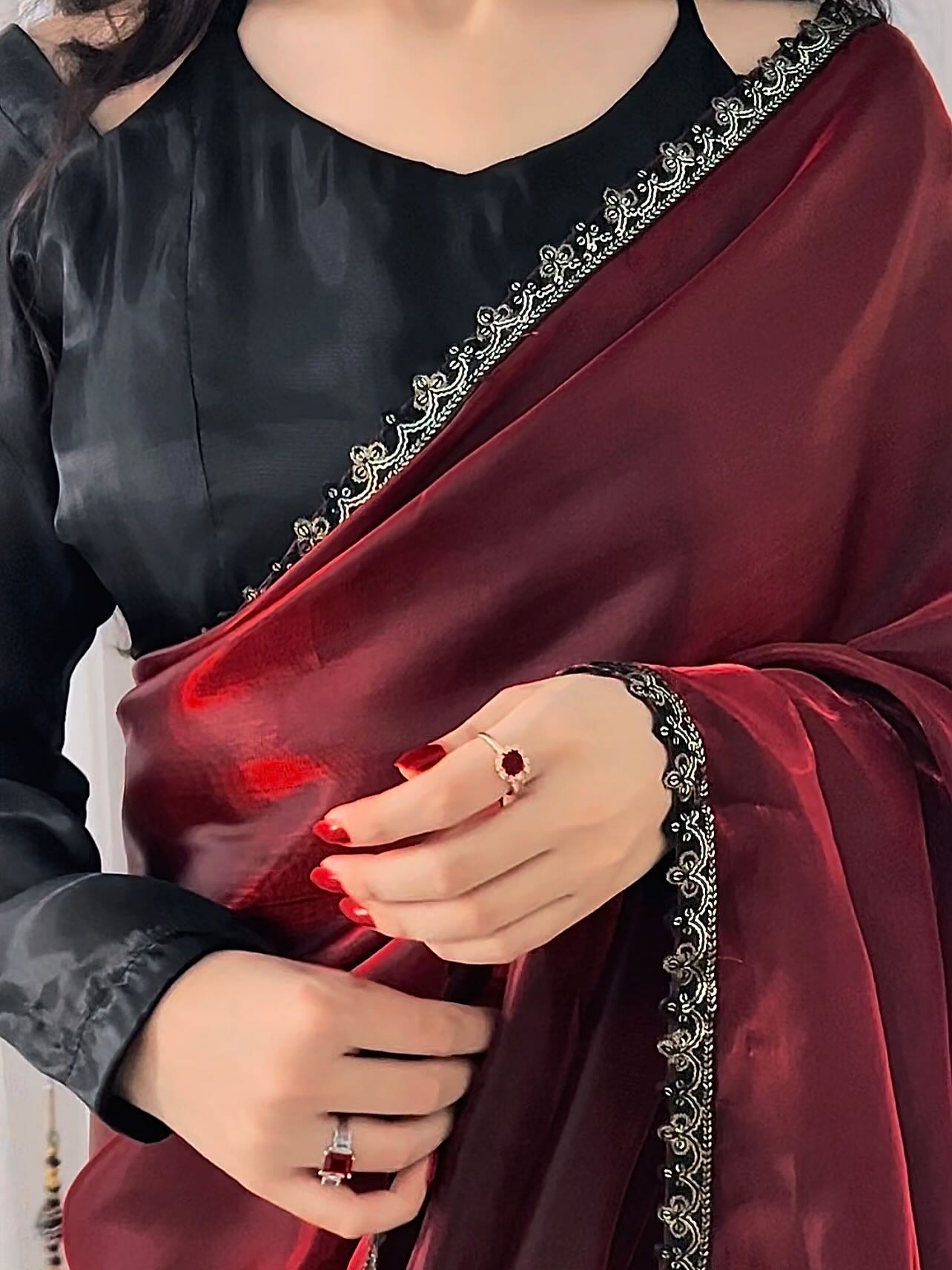 🌹 Mehr-o-Siyaah Saree ❤️🖤 Stitched