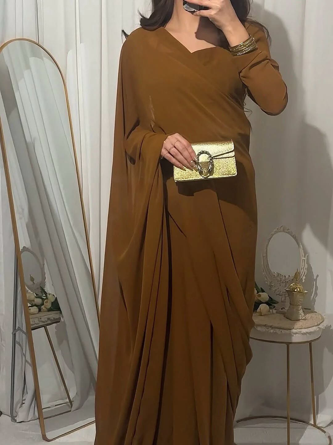Camel Brown Classic Saree Stitched