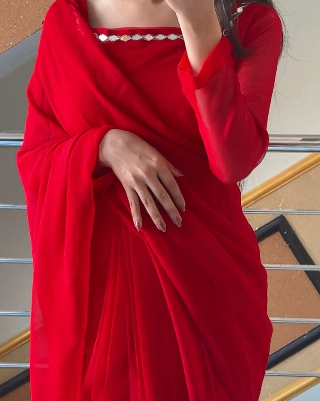 Shama-e-Husn Chiffon Saree Red Stitched
