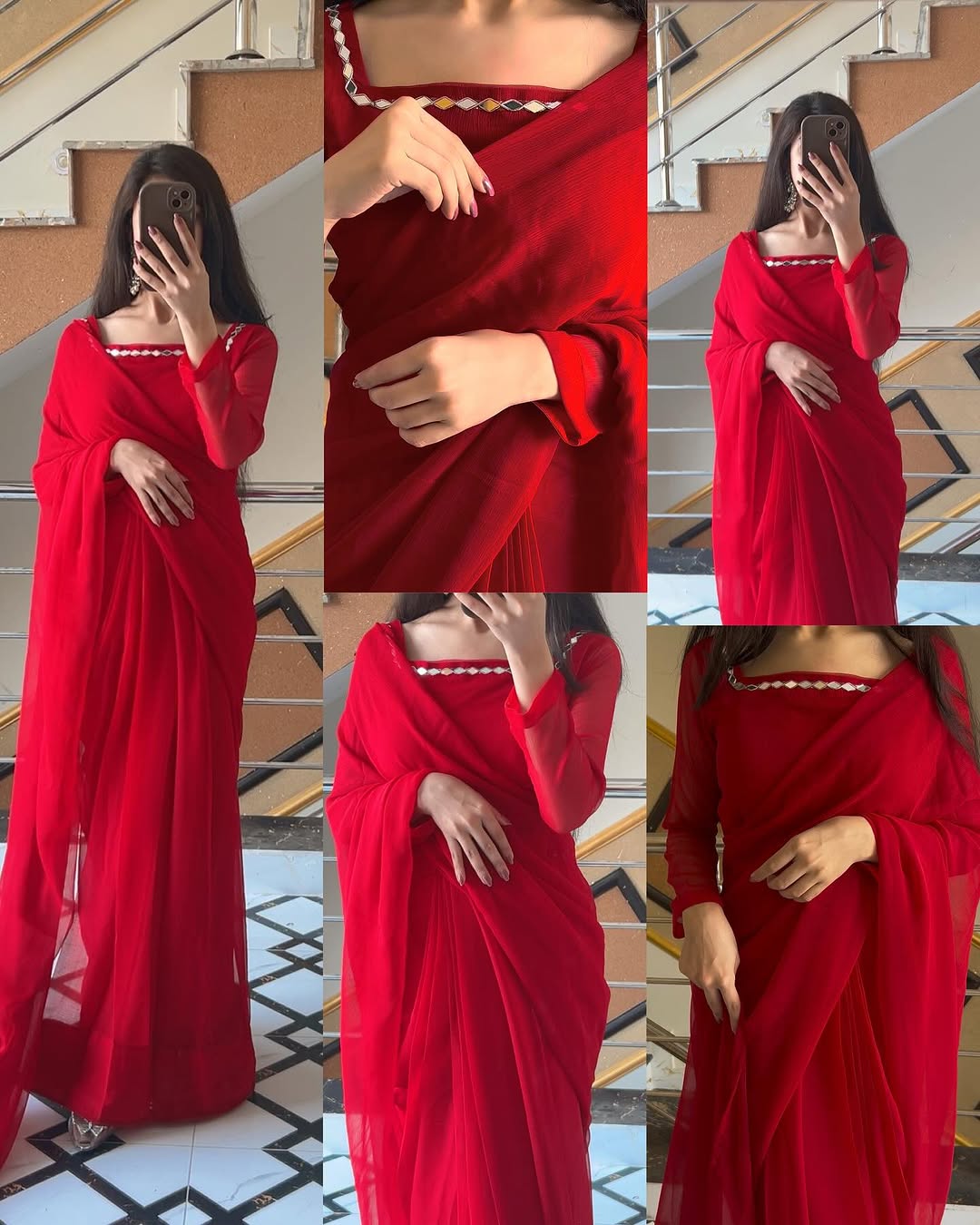Shama-e-Husn Chiffon Saree Red Stitched
