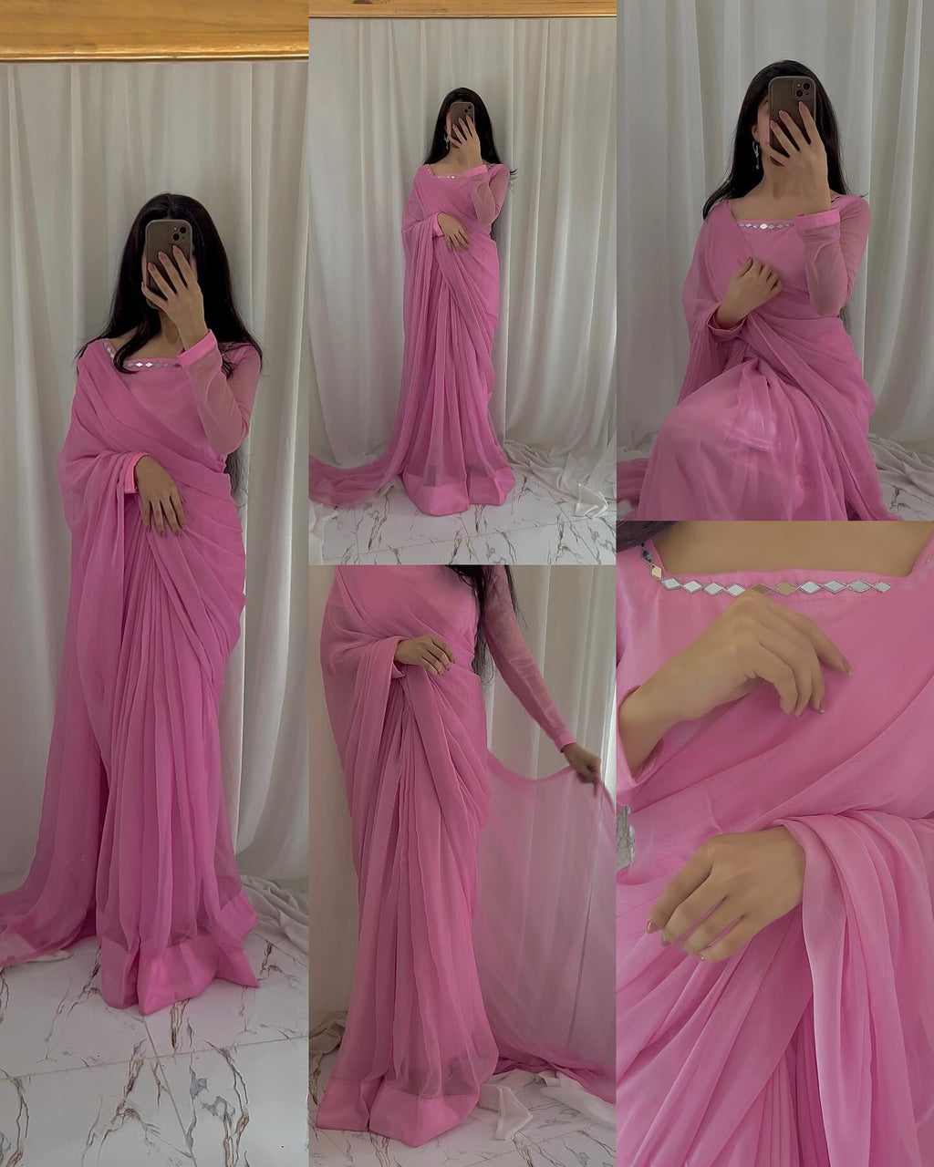 Shama-e-Husn Chiffon Saree Baby Pink Stitched