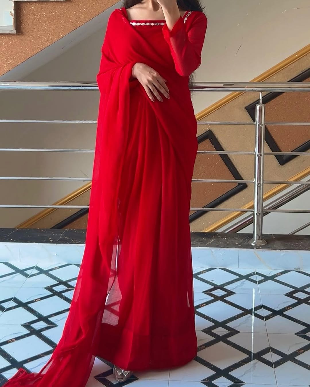 Shama-e-Husn Chiffon Saree Red Stitched