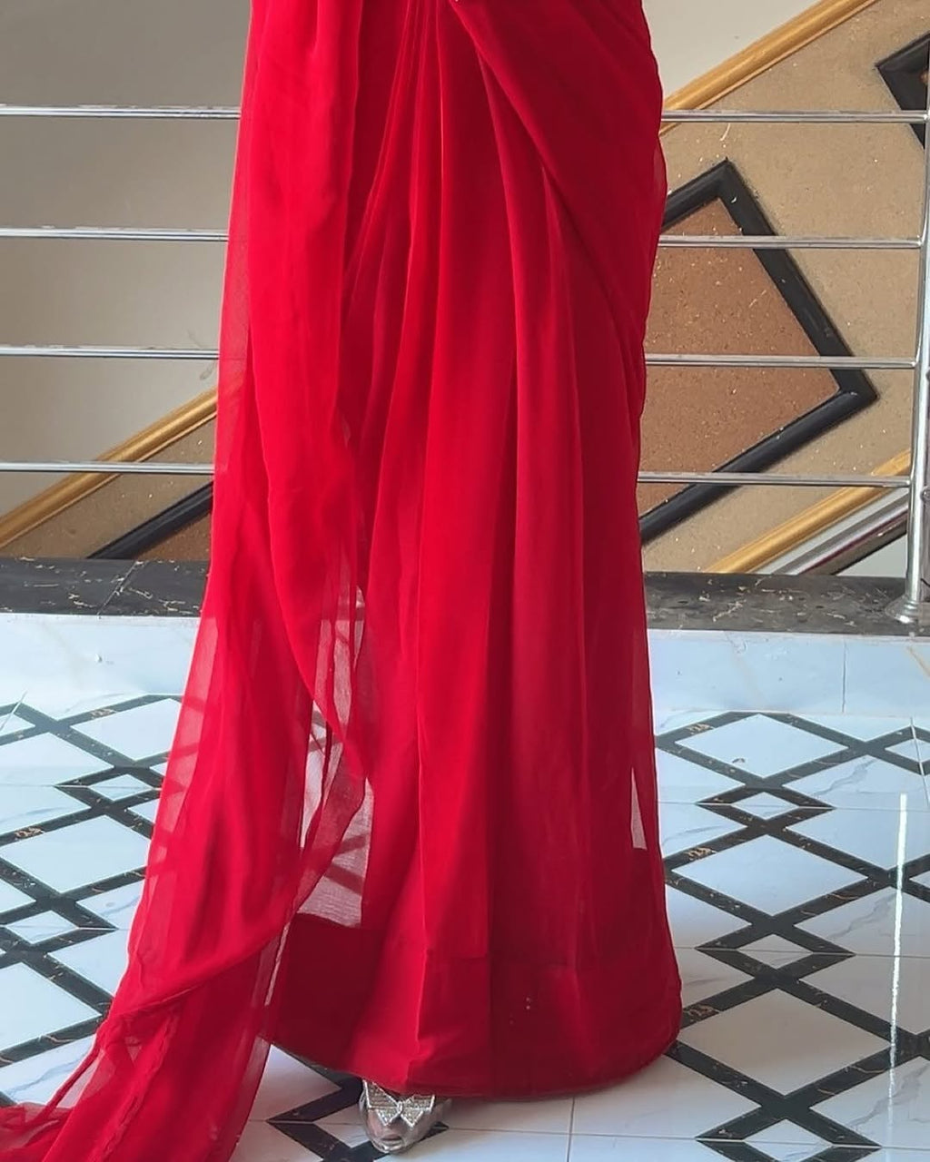 Shama-e-Husn Chiffon Saree Red Stitched