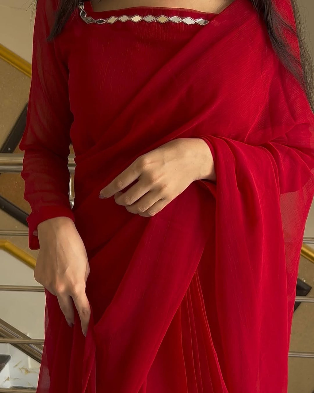 Shama-e-Husn Chiffon Saree Red Stitched