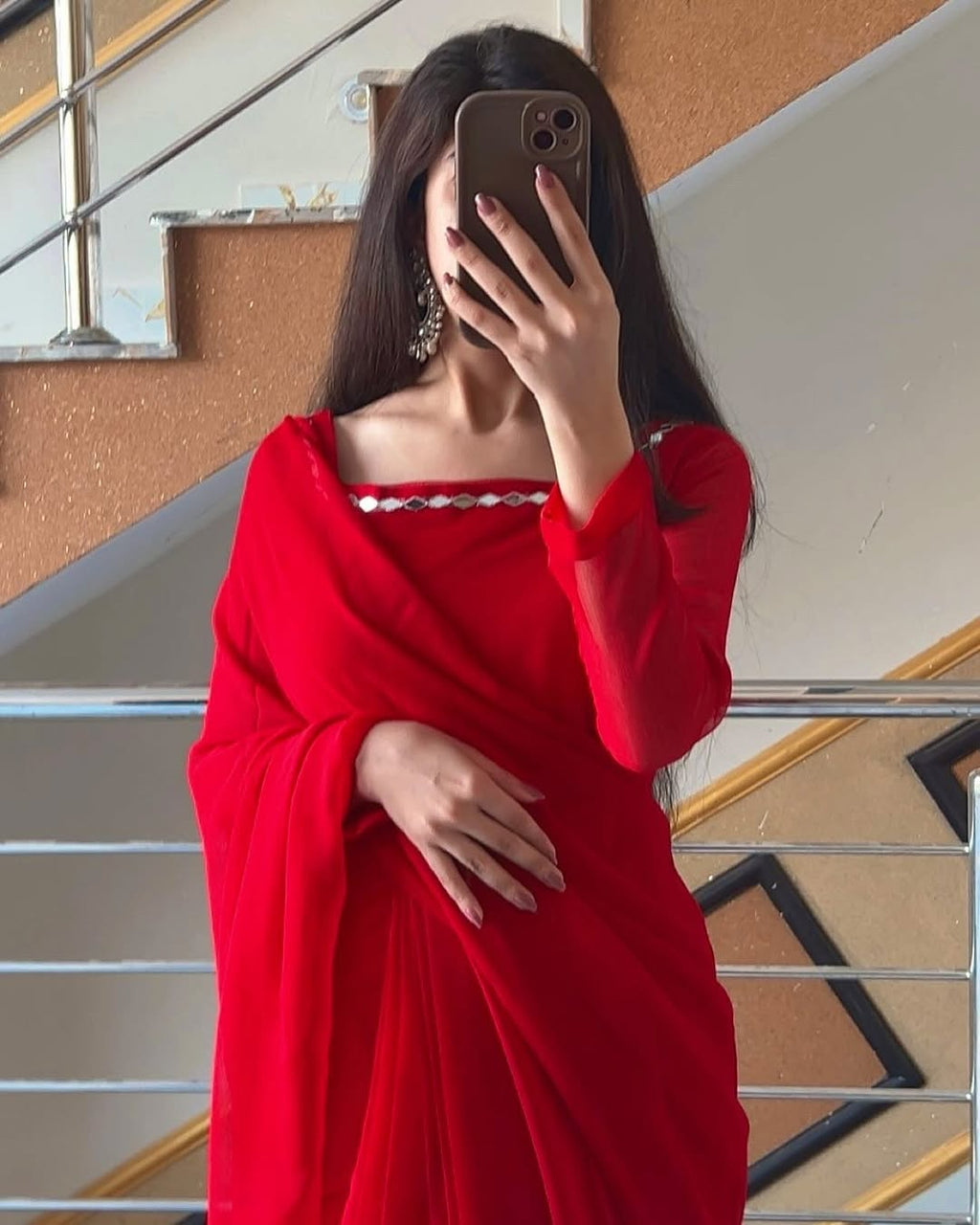 Shama-e-Husn Chiffon Saree Red Stitched