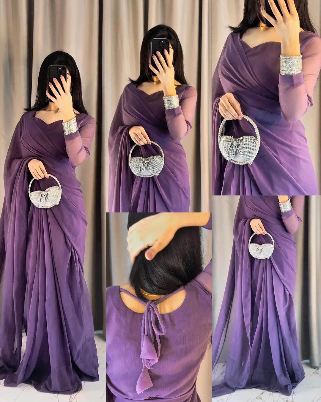 Plain Heart Shaped Neck Grace Signature Chiffon Saree (Stitched) SKU.C10