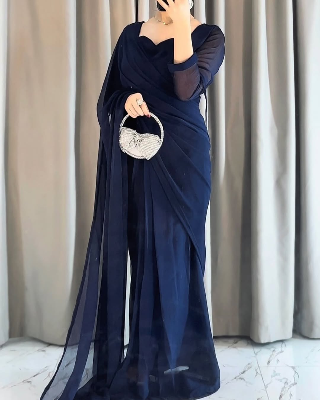 Plain Heart Shaped Neck Grace Signature Chiffon Saree (Stitched) SKU.C10