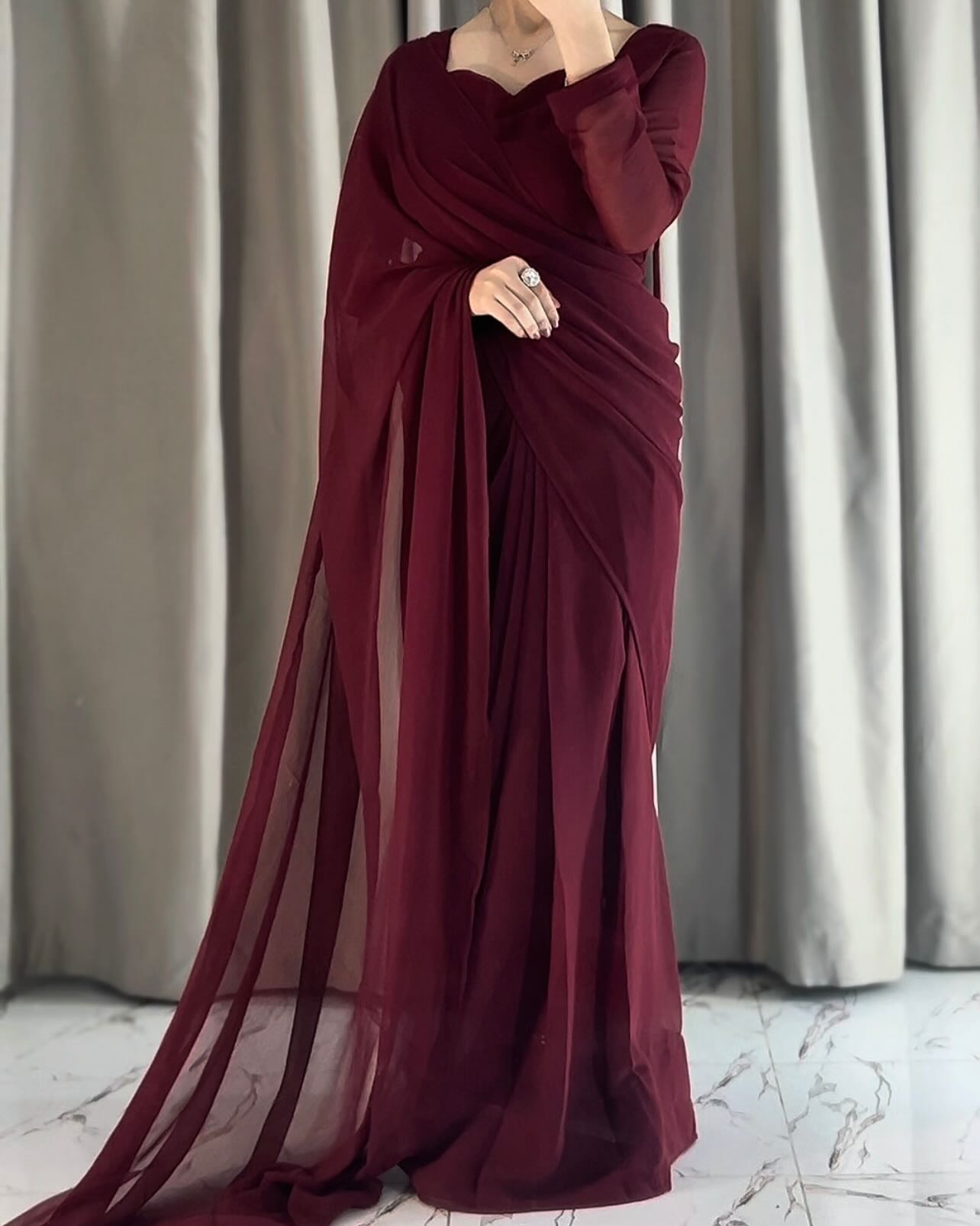 Plain Heart Shaped Neck Grace Signature Chiffon Saree (Stitched) SKU.C10
