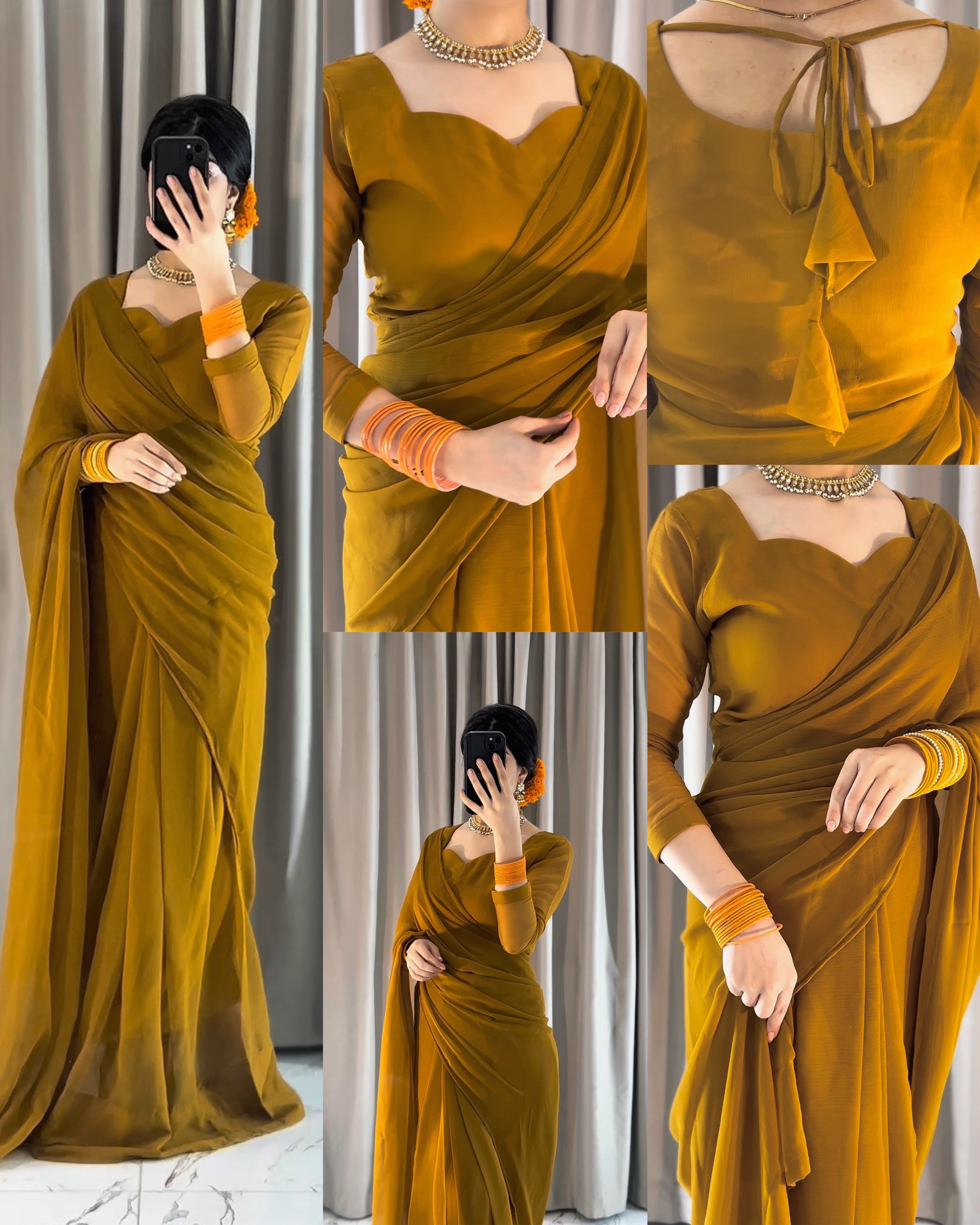 Plain Heart Shaped Neck Grace Signature Chiffon Saree (Stitched) SKU.C10