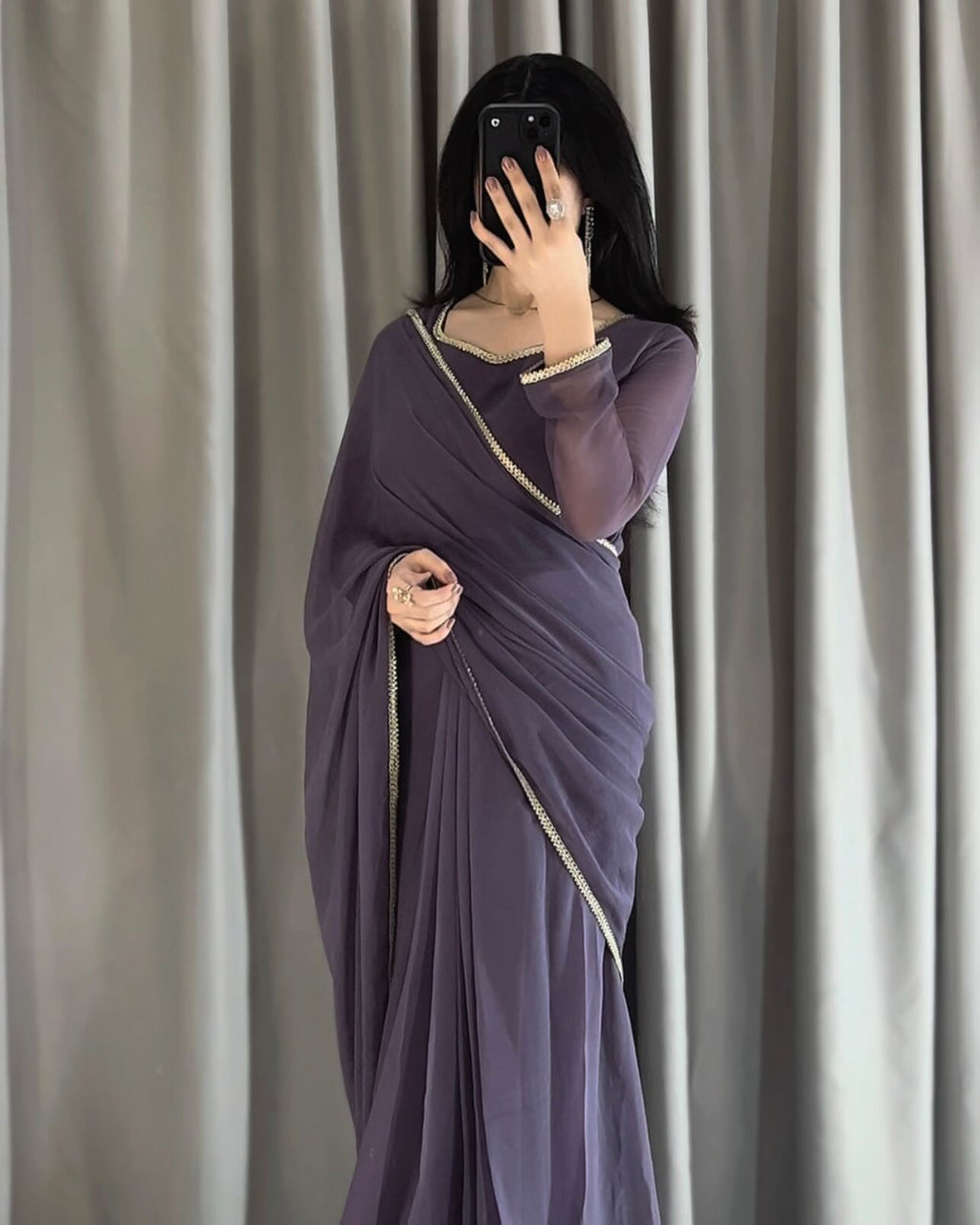 Lace Work Chiffon Saree Stitched