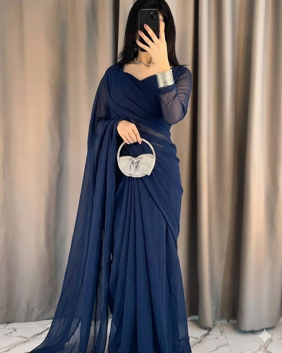 Plain Heart Shaped Neck Grace Signature Chiffon Saree (Stitched) SKU.C10