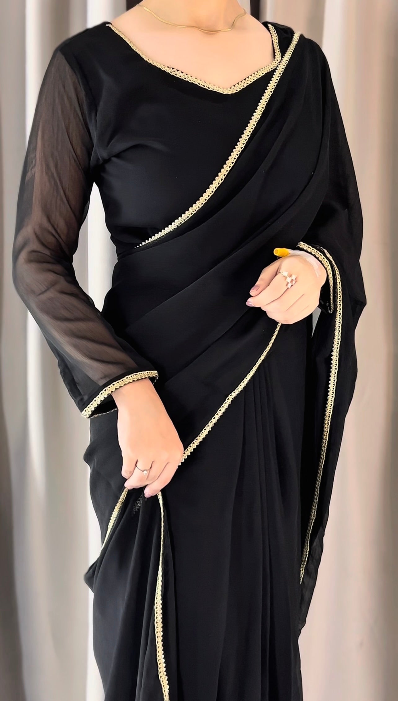 Lace Work Chiffon Saree Stitched