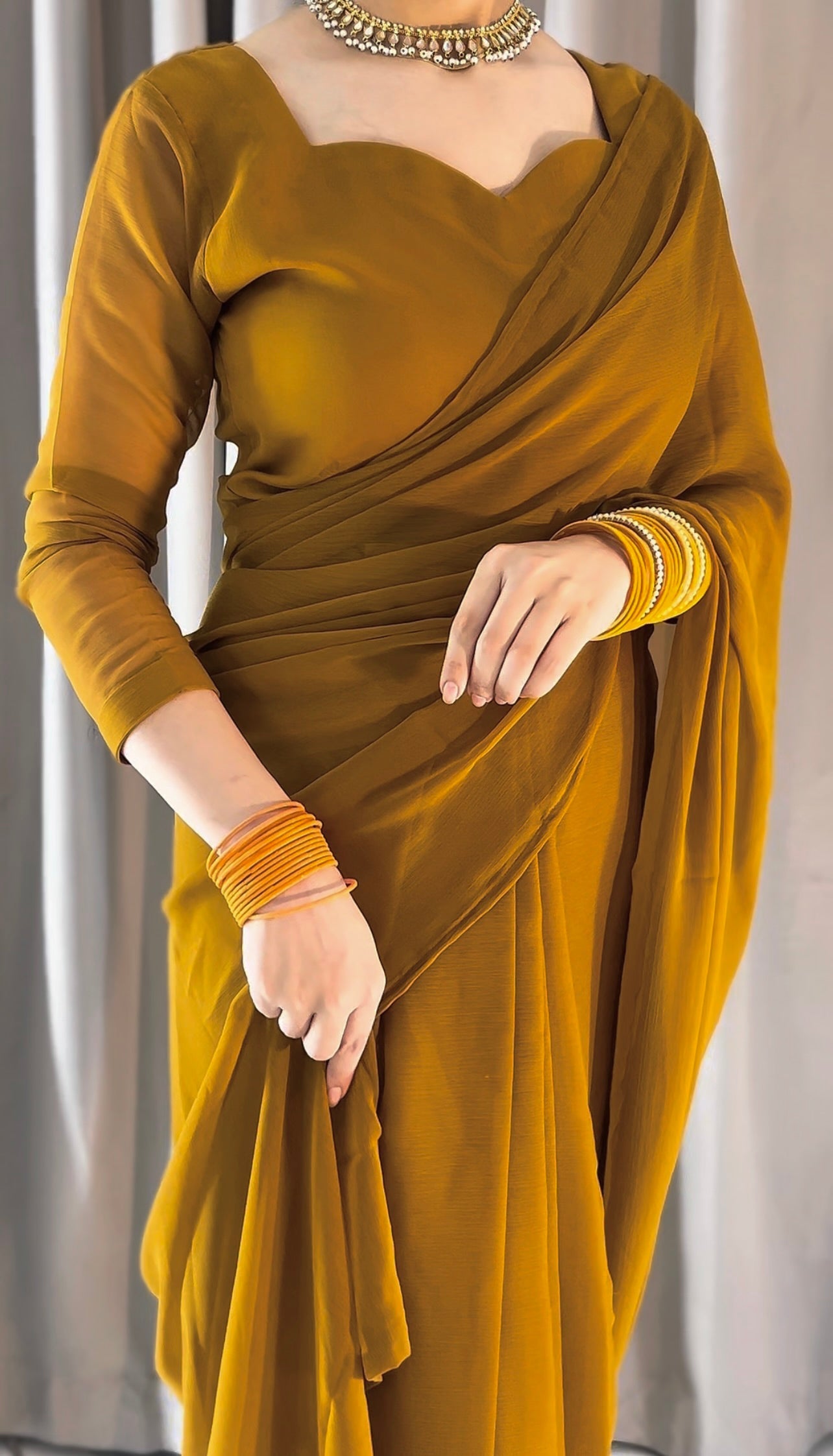 Plain Heart Shaped Neck Grace Signature Chiffon Saree (Stitched) SKU.C10