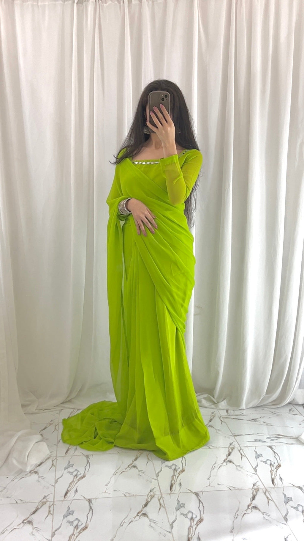 Shama-e-Husn Chiffon Saree Parrot Green Stitched