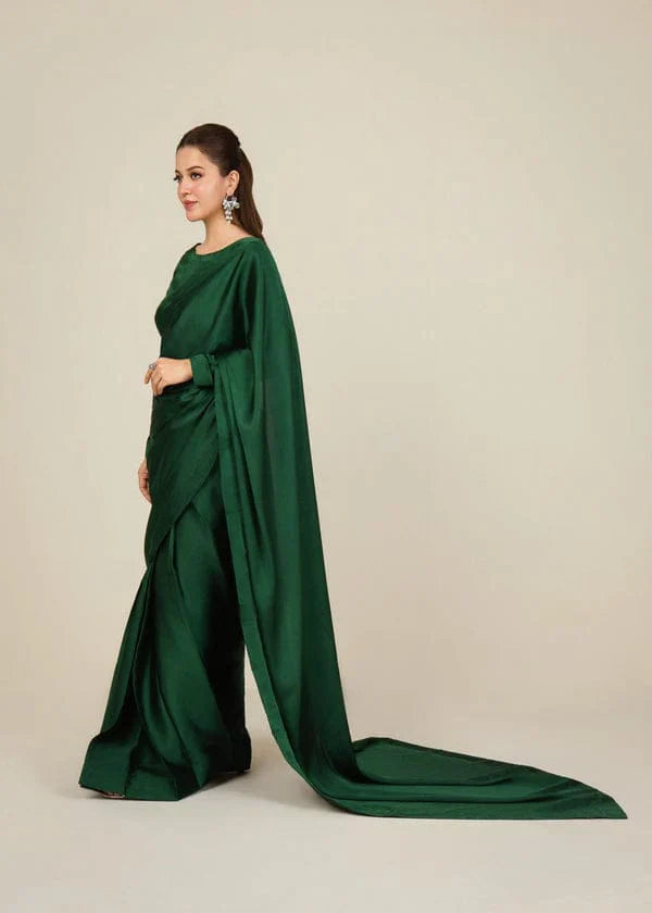 Bottle Green Stitched Plain Silk Saree