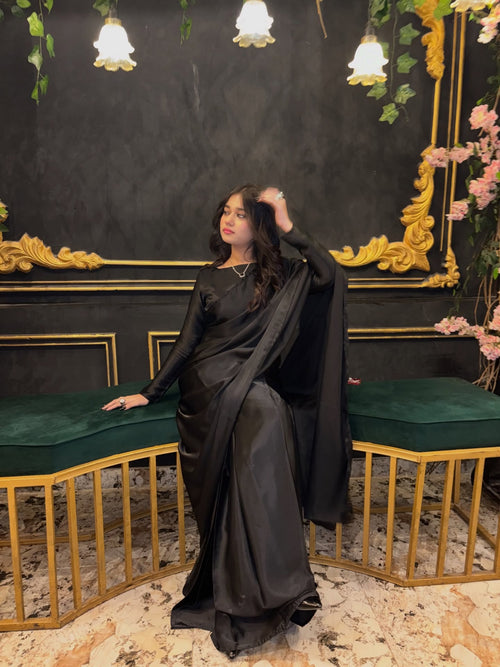 Black Stitched Plain Silk Saree