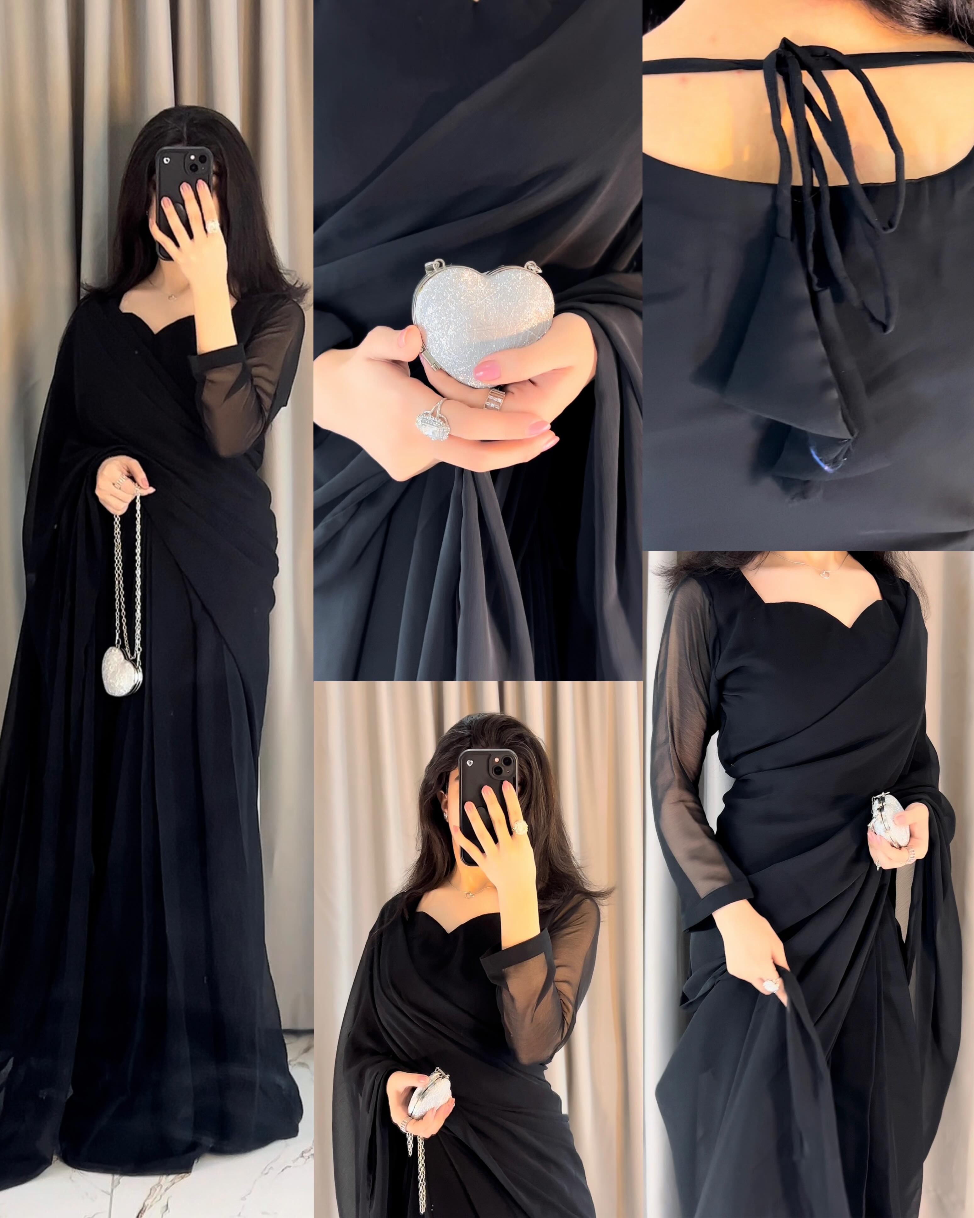 Plain Heart Shaped Neck Grace Signature Chiffon Saree (Stitched) SKU.C10