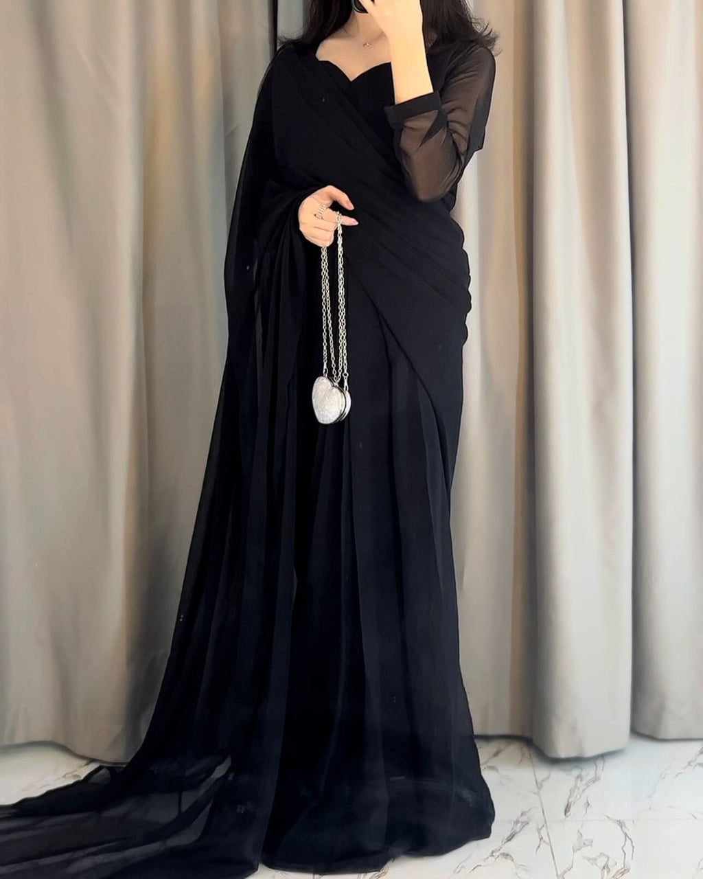 Plain Heart Shaped Neck Grace Signature Chiffon Saree (Stitched) SKU.C10