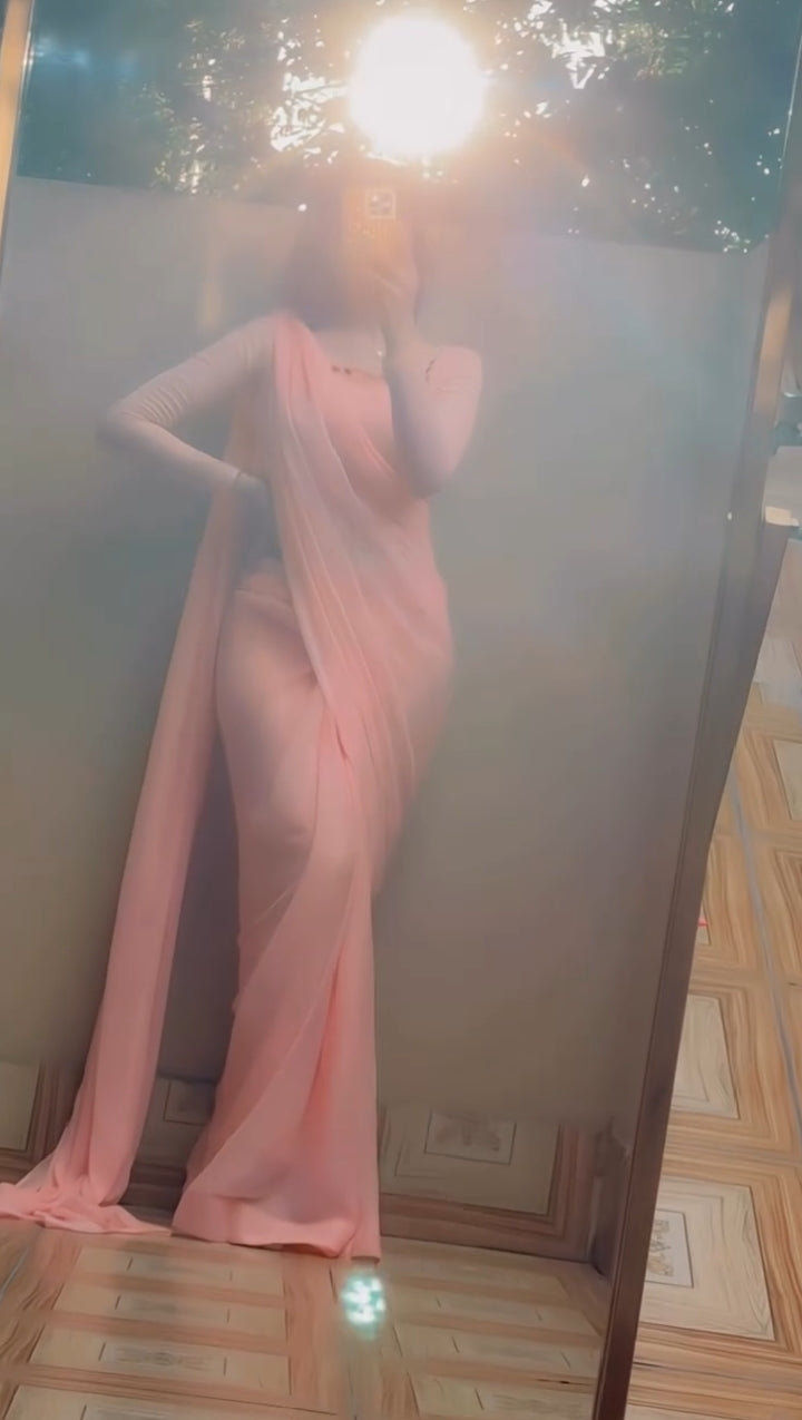 Shama-e-Husn Chiffon Saree Peach Pink Stitched
