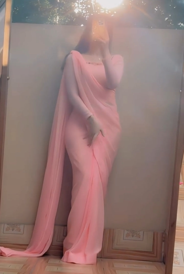 Shama-e-Husn Chiffon Saree Peach Pink Stitched