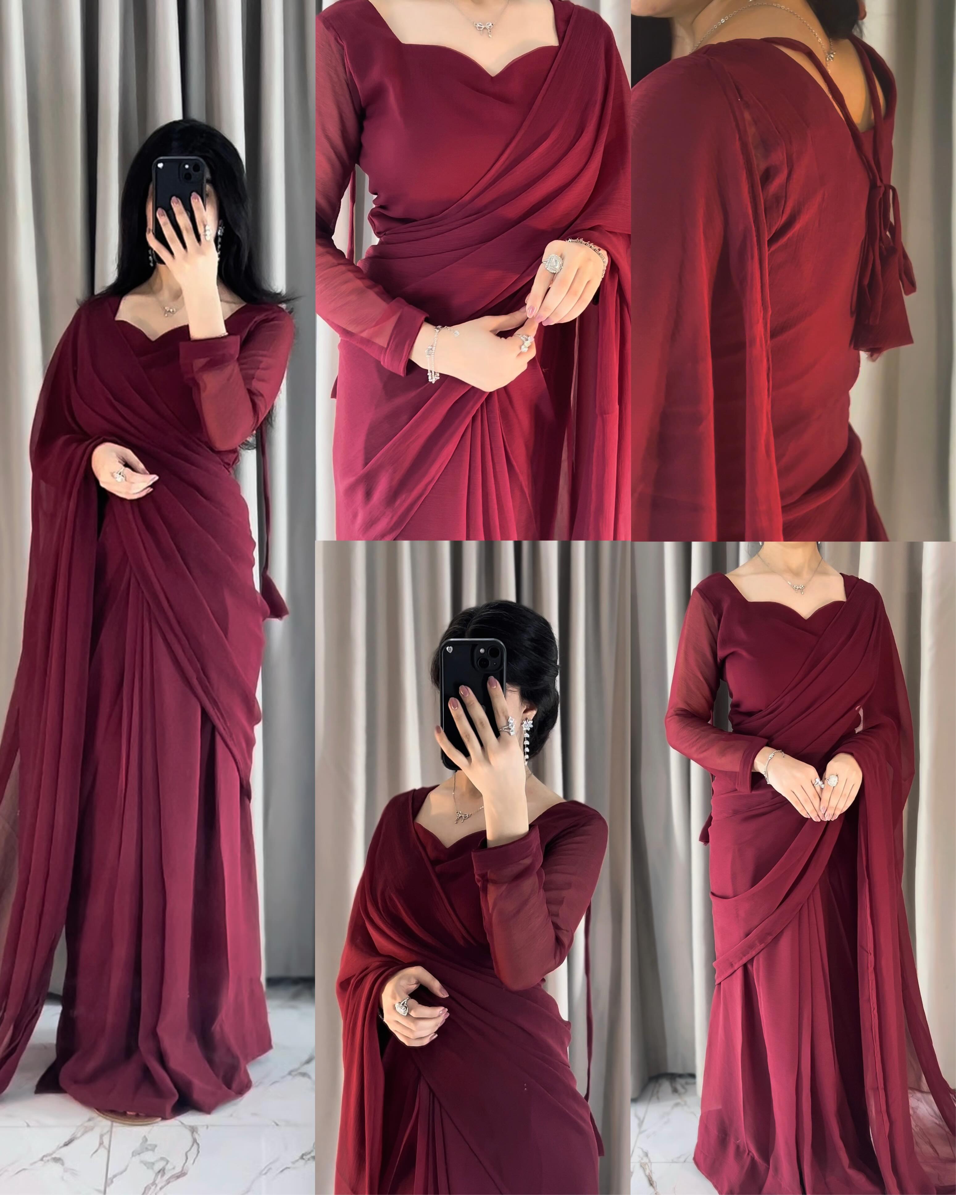 Plain Heart Shaped Neck Grace Signature Chiffon Saree (Stitched)