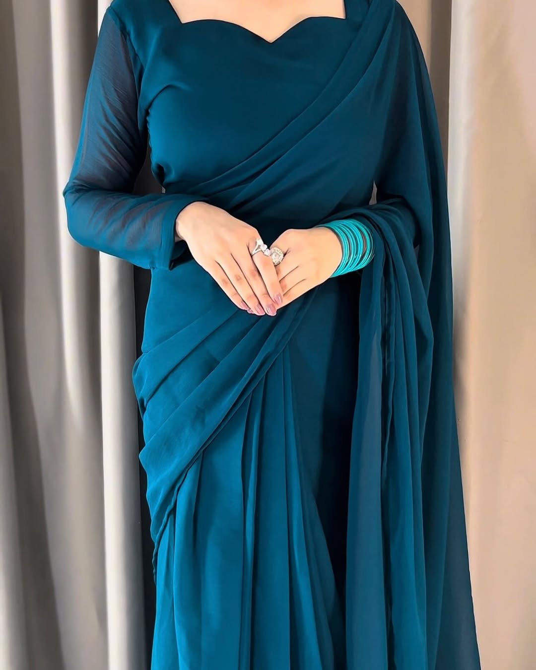 Plain Heart Shaped Neck Grace Signature Chiffon Saree (Stitched) SKU.C10