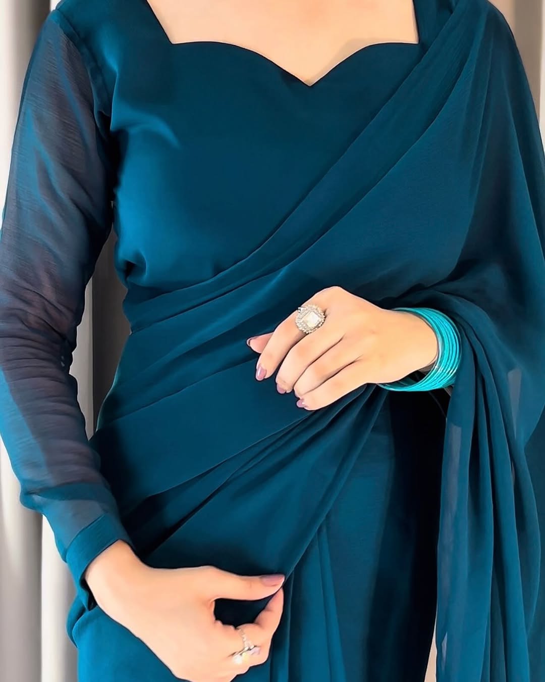 Plain Heart Shaped Neck Grace Signature Chiffon Saree (Stitched) SKU.C10
